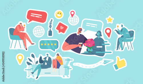 Set of Stickers Virtual Dating, People Use Vr Technology for Date. Male Female Characters Wear Augmented Reality Goggles