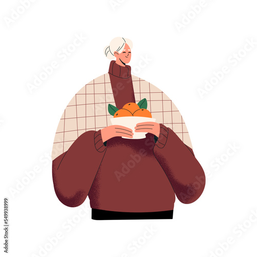 Happy woman holding bowl of orange fruit. Young girl with tangerines, mandarins in hand on winter holiday. Female in warm sweater at Christmas. Flat vector illustration isolated on white background