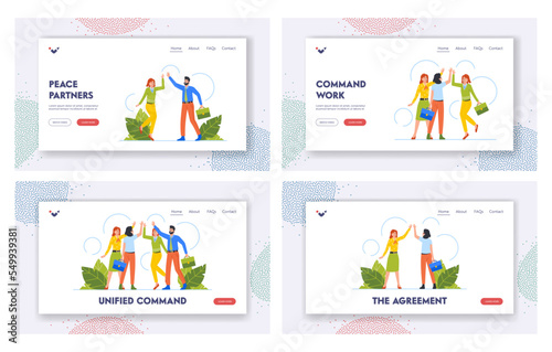 Command Unity Landing Page Template Set. Support Between Colleagues, Unified Business People Team Giving High Five