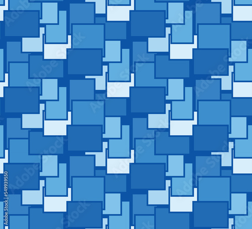 Seamless pattern design with with overlapping square and rectangular shapes in different shades of blue