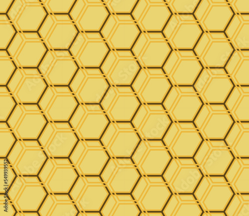 Seamless pattern design with geometric honeycomb in yellow, brown and black tones with a minimalist and simple style
