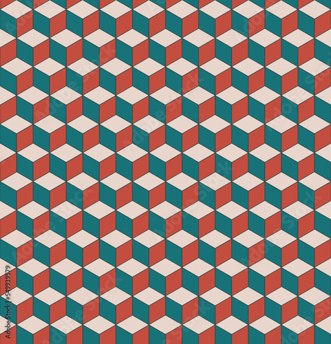 Seamless pattern design with cube with geometric squares with 3D effect with beige, blue and red colors