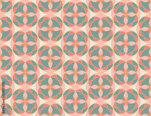 Seamless pattern design with geometric with round and flower geometric shapes in pink and blue tones