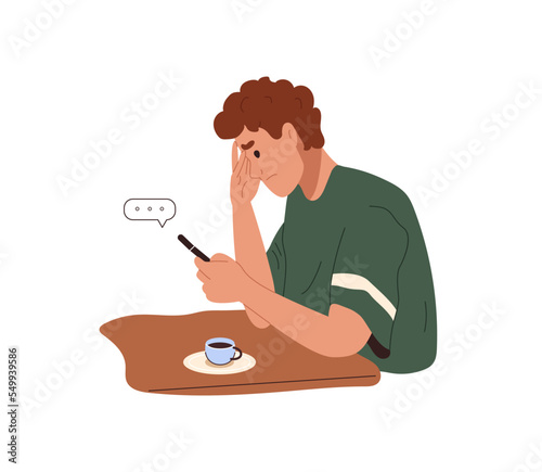 Man with mobile phone typing online message while drinking coffee. Unhappy puzzled guy sitting at table, looking on smartphone, texting sms. Color flat vector illustration isolated on white background