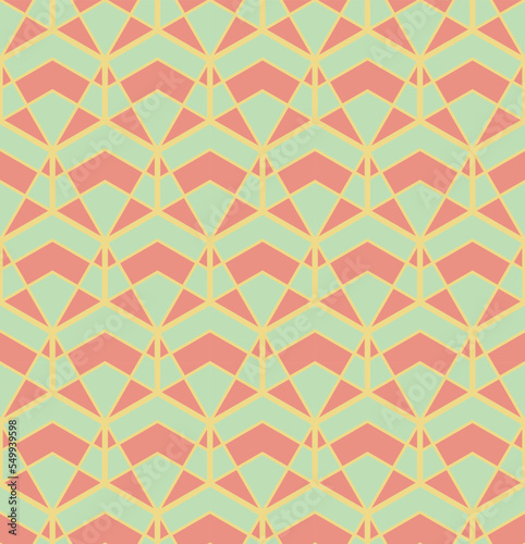 Seamless pattern design with with geometric shapes such as triangles, rhombuses and hexagons with yellow, green and pastel pink colors