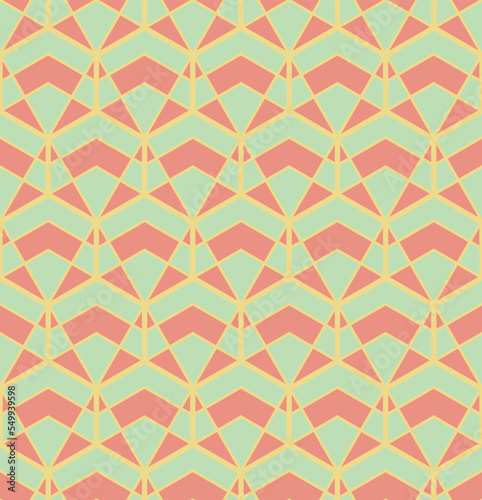 Seamless pattern design with with geometric shapes such as triangles, rhombuses and hexagons with yellow, green and pastel pink colors