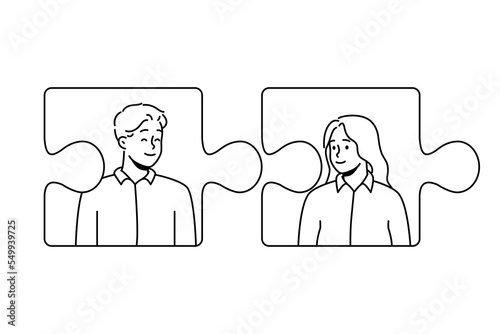 Jigsaw puzzles with man and woman connecting. Concept of couple connection and relationships. Love and affection. Vector illustration. 