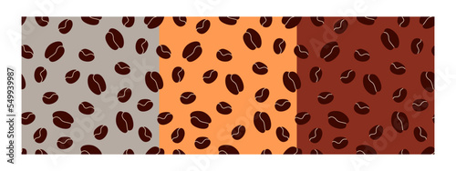 Coffee beans seamless patterns set. Vector repeating background design for coffee shop, cafe, restaurant decoration, packaging, wallpaper, textile, fabric print. Colored flat cartoon illustration