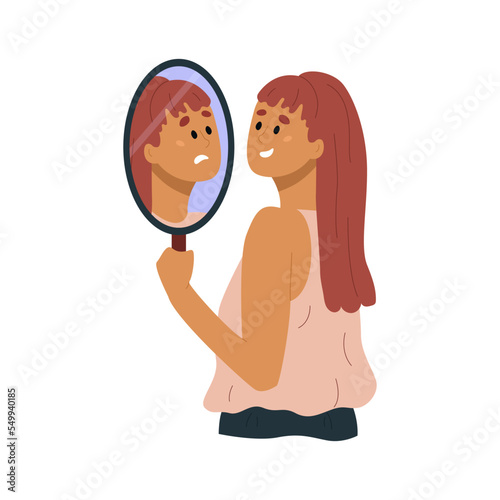 Happy young woman looking in mirror and see unhappy sad face. Girl with mental problems, depression, mood swings, nervousness. Flat vector illustration isolated on white background photo