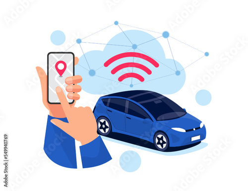 Vector illustration of autonomous online car sharing service controlled via smartphone app. Phone location mark and modern automobile. Isolated connected vehicle remote data cloud monitoring parking.