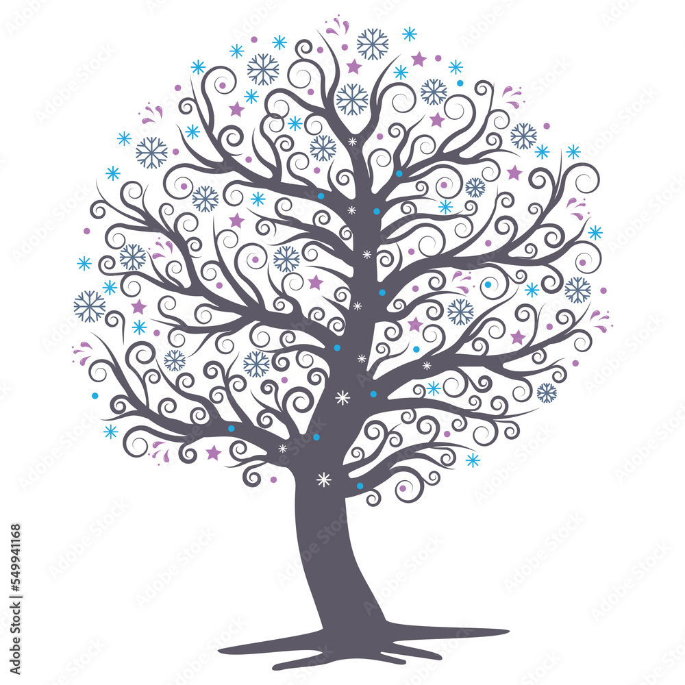 Fototapeta premium Openwork winter tree with snowflakes, Christmas holiday, isolated vector illustration