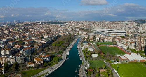 Aerial view from Moda Yogurtcu Park neighborhoods of Kadikoy, a large, populous, and cosmopolitan district in the Asian side of Istanbul, Turkey. photo