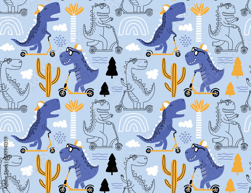 Cute dinosaur rides a scooter. Vector texture in childish style great for fabric and textile, wallpapers, backgrounds. Pastel colors.