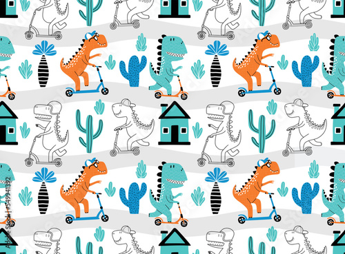 Cute dinosaur rides a scooter. Vector texture in childish style great for fabric and textile, wallpapers, backgrounds. Pastel colors.