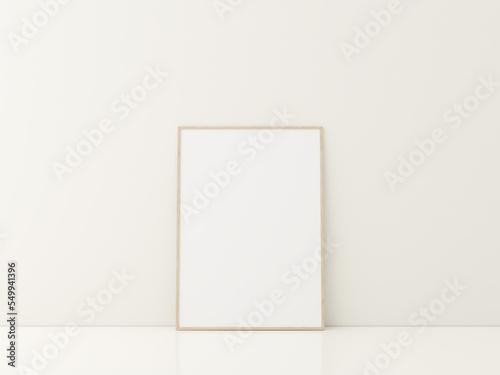 Frame with poster mockup standing on the white floor. minimalist frame mockup. 3d rendering