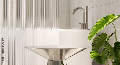 Silver metal side table by white bathtub, reeded glass partition and tropical leaf plant in modern design bathroom in sunlight on granite wall for personal care, toiletries product display background
