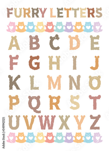 Hand drawn alphabet letters. Cute free hand style abc alphabet poster. Girl style letter poster. Colorful letters. Furry lovely bear alphabet for kid and girl. Bear ear font of letters vector set. 