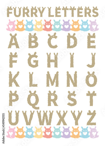 Hand drawn alphabet letters. Cute free hand style abc alphabet poster. Cute letter poster. Colorful letters. Furry lovely bunny rabbit alphabet for kid and girl. Bear ear font of letters vector set.