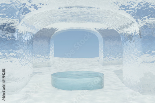 Abstact 3d render winter scene and Natural podium background, Dome ice podium on the snow field backdrop clear sky for product display advertising cosmetic products skincare or etc