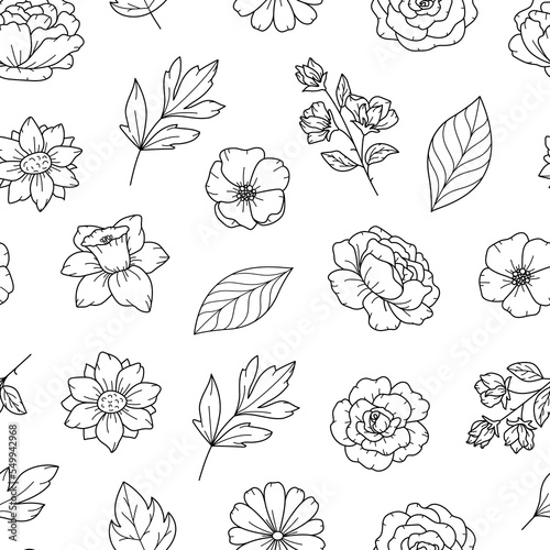 Graphic botanical seamless pattern with spring flowers and leaves. Nature floral background. Vector line art