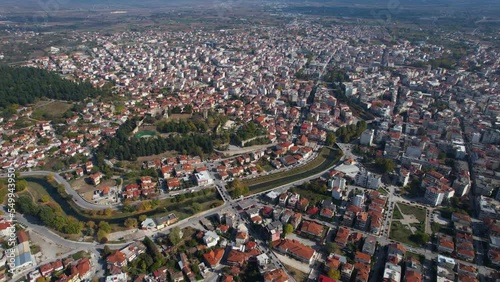 Aerial view of the city Trikala in Greece on a overcast day in autumn photo