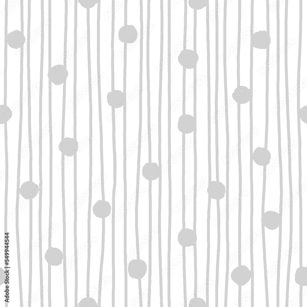Light grey polka dot and uneven stripes on white background. Hand drawn seamless pattern. For