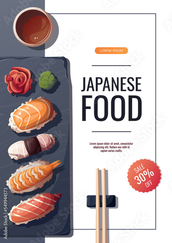 Flyer design with variety of Sushi. Japanese food, healthy eating, cooking, menu, nutrition concept. Vector illustration. Banner, promo, advertising. 