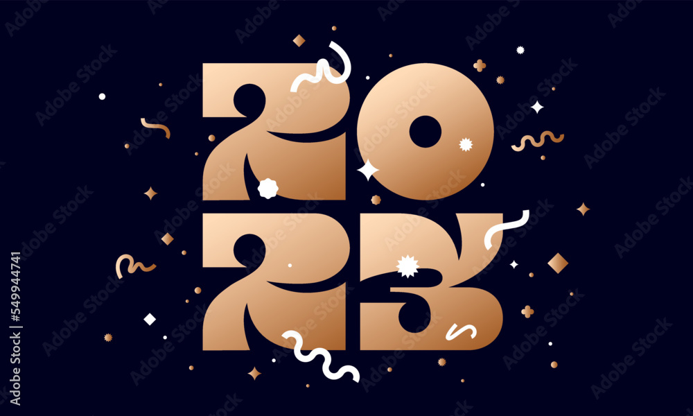 Fototapeta premium Happy New Year 2023. Geometric bright style for happy new year 2023. Holiday background, happy new year symbol for web, print. Greeting card, banner, poster with inscription 2023. Vector Illustration