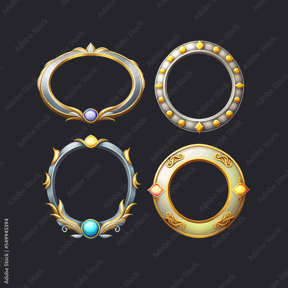 Empty circle silver and gold frames in medieval style for game ui ...