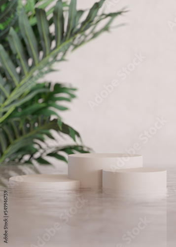 Podiums standing in water, with palm leaves, on the beige background. Beautiful mock up for product, cosmetic presentation. Pedestal or platform for beauty products. Empty scene, stage. 3D rendering.