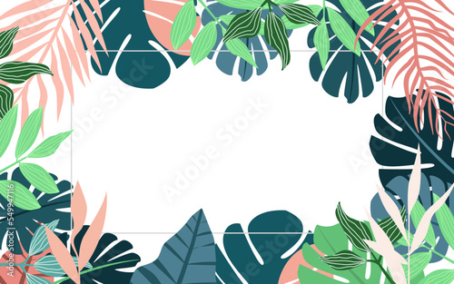 Bright and trandy summer hawaiian banner, party flyer or invitation design with tropical plants and palm leaves.