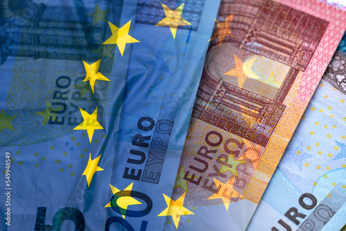 European union currency and flag of EU on surface, business concept picture photo