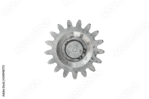 Worn metal engine gear isolated on white background, close-up.
