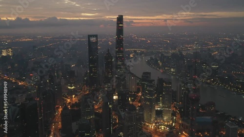 Sunset aerial view of downtown Shanghai, China. Shanghai World Financial Center (SWFC) photo