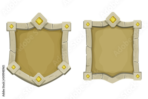 Set stone frame with border and gemstones, shield shape, empty medieval menu panel in cartoon style isolated on white background.