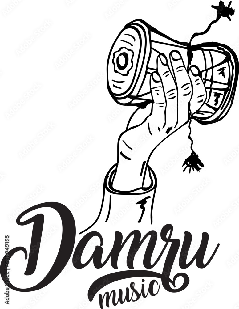 Hand holding indian traditional folk music instrument calling damru, Damru music logo, Damru in hand sketch drawing vector illustration, damru silhouette monogram and emblem