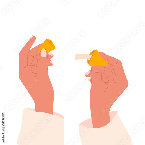 Cracked fortune telling cookies in hands. Traditional Chinese sweet cookie with predictions of future vector illustration