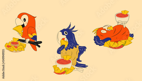 Set of  parrots mascots eat nachos. Mexican nachos chips fast food snack
