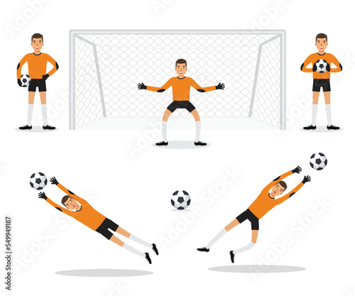 Soccer sport athletes, football goalkeeper playing, kicking, training and practicing football.