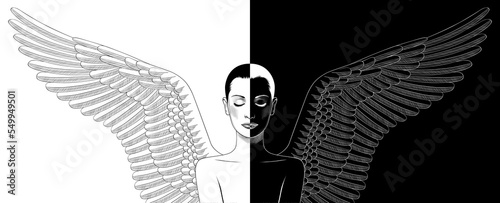 Angel or demon. Black or white. Opposites in one person. Duality. Depression, concept art of psychological illness. Female silhouette of healthy and depressive reflection. Vector illustration.