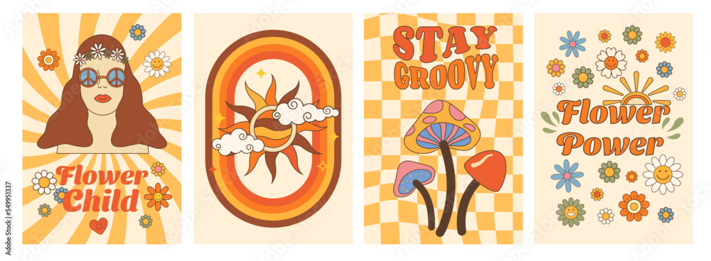 Retro groovy set vertical posters 60s-70s style. Daisy flowers, girl, mushroom, hippie slogans. Flower power, stay groovy, flower child, vector cards with inspirational quote. 