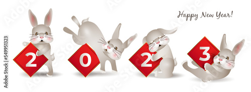 Chinese New Year 2023 of the rabbit. Set of cute bunnies in different poses in cartoon on white background. Hares fits for designing kids clothes, greeting cards, banner, poster. Vector illustration