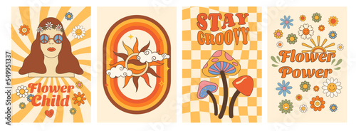 Retro groovy set vertical posters 60s-70s style. Daisy flowers, girl, mushroom, hippie slogans. Flower power, stay groovy, flower child, vector cards with inspirational quote. 