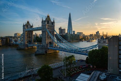 Elevated view of the famous Tower Bridge and skyline of London  UK  during beautiful sunset