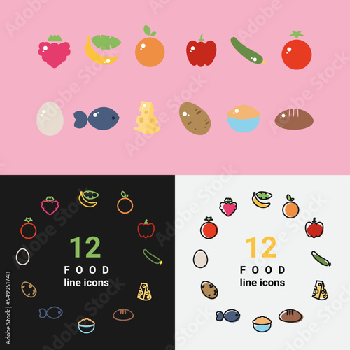 Fototapeta Naklejka Na Ścianę i Meble -  The dietary nutrition food outline icon set fruits and vegetables with egg, fish, hard cheese, oatmeal, and bread. Healthy eating concept vector illustration