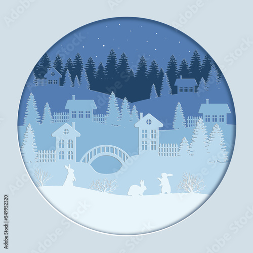 rabbits and a winter village of houses and trees. Festive layered layout with 3D realistic paper cut symbols of the christmas season for holiday banner