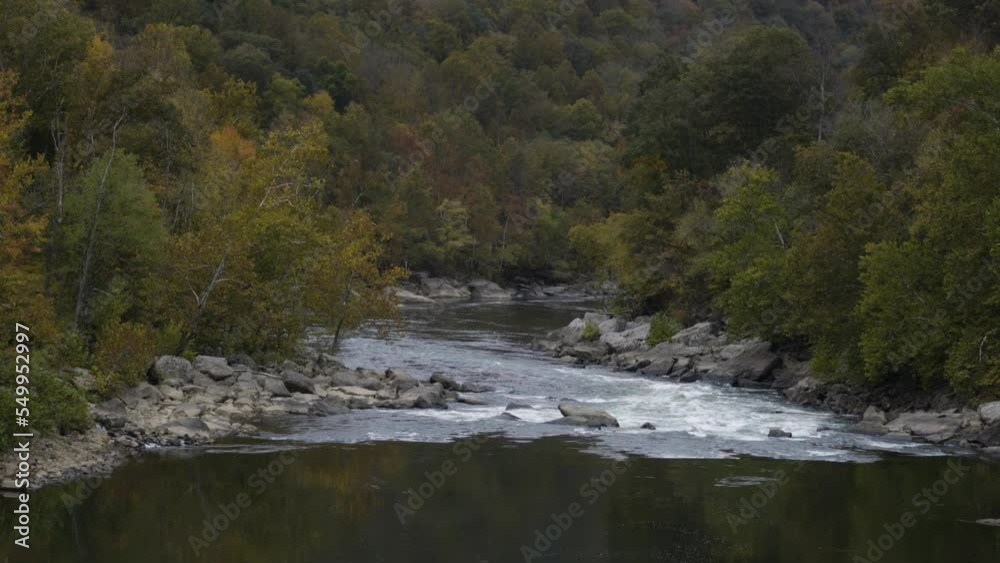 Static shot of white water flowing down through the River Gorge, West Virginia