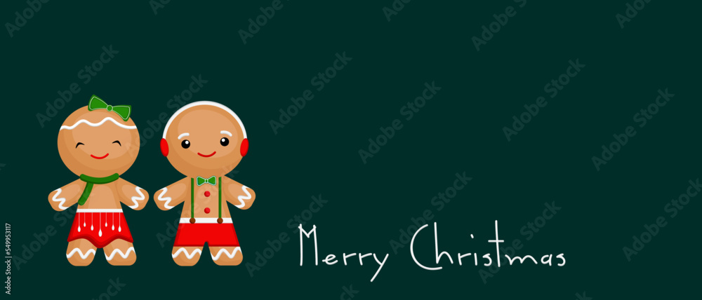 Fototapeta premium Christmas banner. Green background of gingerbread man Xmas design. Horizontal new year poster, greeting card, and headers for the website.
