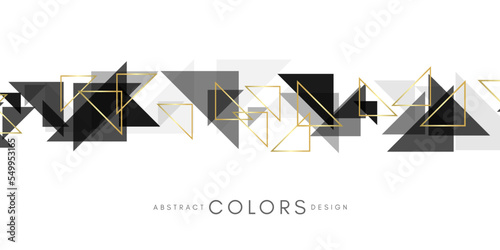 Black and white geometrical abstract background. Horizontal banner with decorative border from monochrome and golden triangle elements.