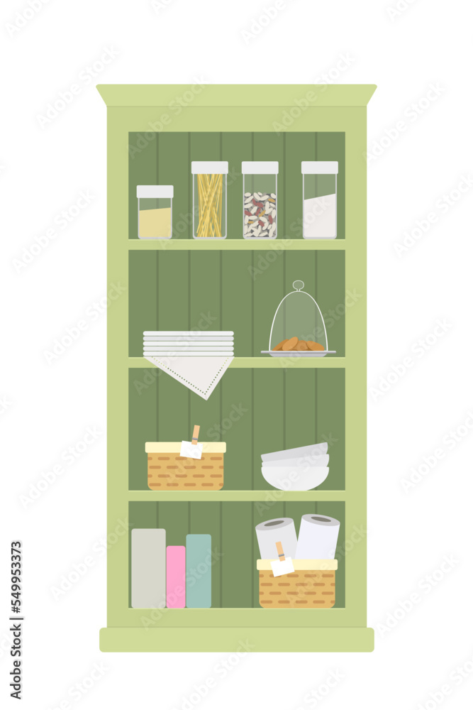 Fototapeta premium Provence style green cupboard with kitchenware. Wooden furniture. Rustic interior concept. Cartoon flat style. Vector illustration